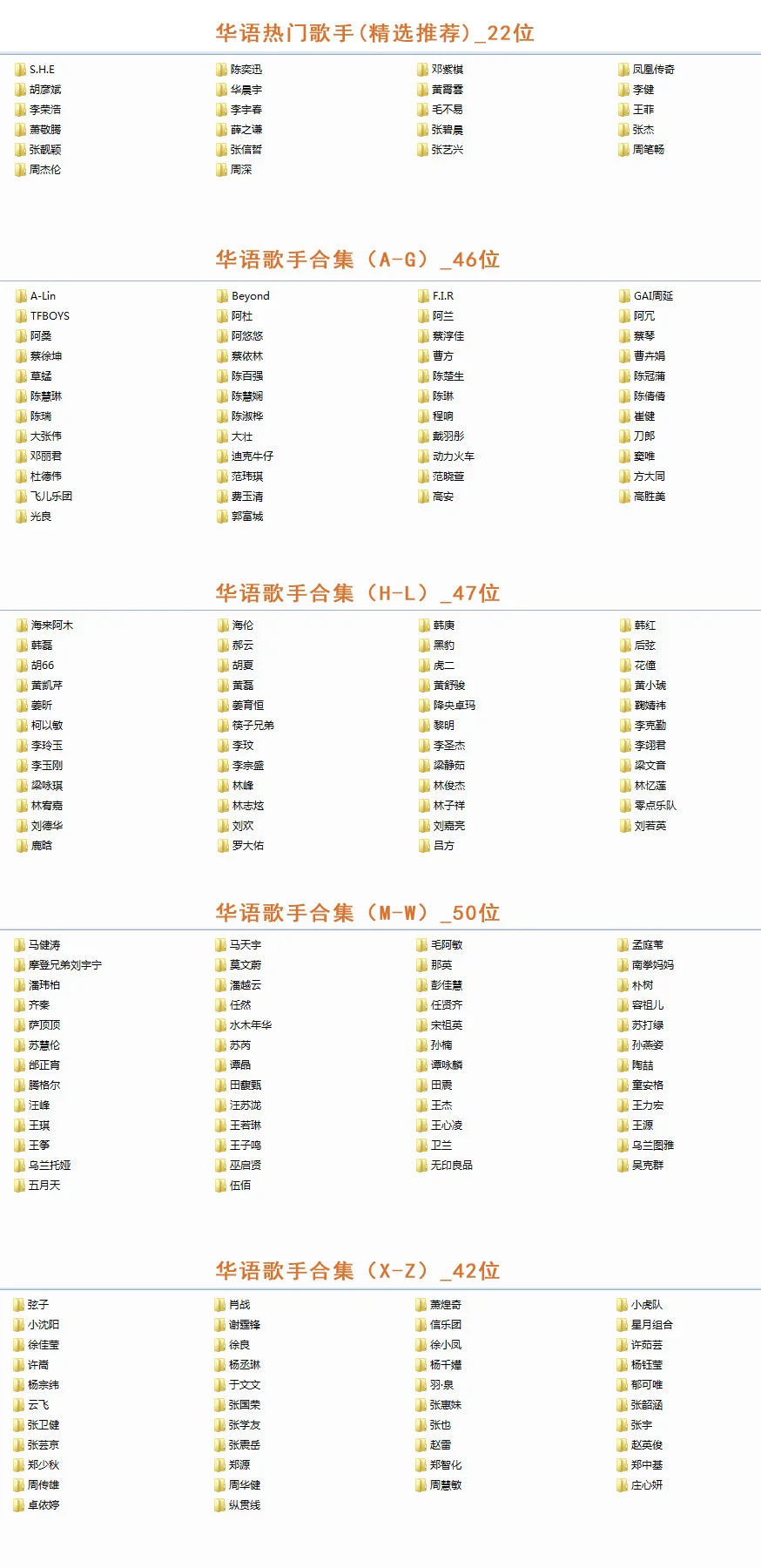 【音乐资源】华语乐坛5000多首精选无损歌曲大合集按歌手名字首字母排列